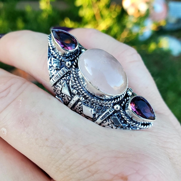 New Rose Quartz and Amethyst 925 Silver Statement Ring. - Picture 13 of 16